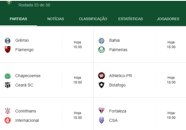 JOGOS DE HOJE (DOMINGO), PELA 33 RODADA DO CAMPEONATO BRASILEIRO